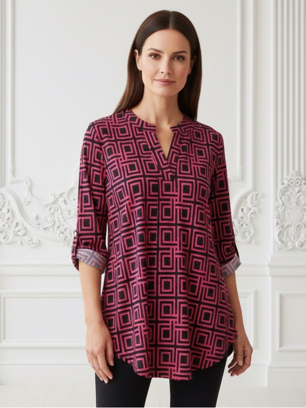 Dear Scarlett Bold Geometric Chic Pink & Black Geometric Square Women's Tunic